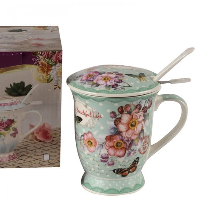 3790001012535 Taza con Difusor, Tapa y Cuchara de Porcelana, Diseño Floreado en Caja de Regalo