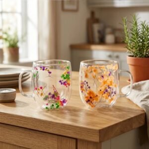 Taza Doble Vidrio 350ml Flores