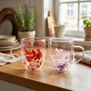 Taza Doble Vidrio 350ml Flores