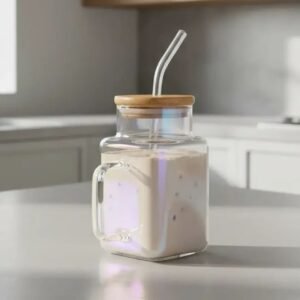 Vaso de Vidrio Con Tapa Bambú + Sorbete 620ml