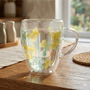 Taza Doble Vidrio 350ml Flores