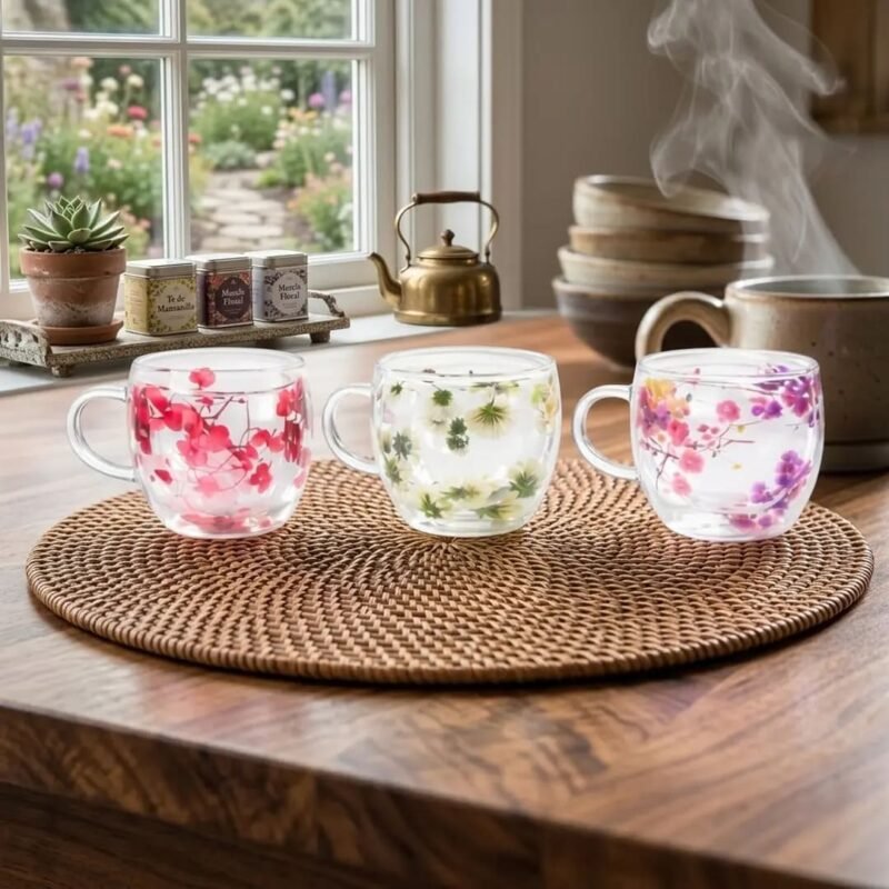 Taza Doble Vidrio Flores 200ml