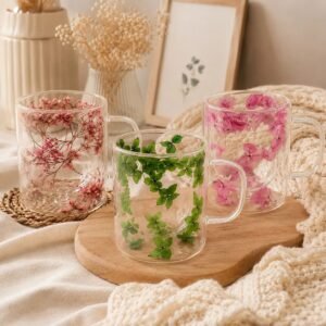 Taza Doble Vidrio 350ml Flores