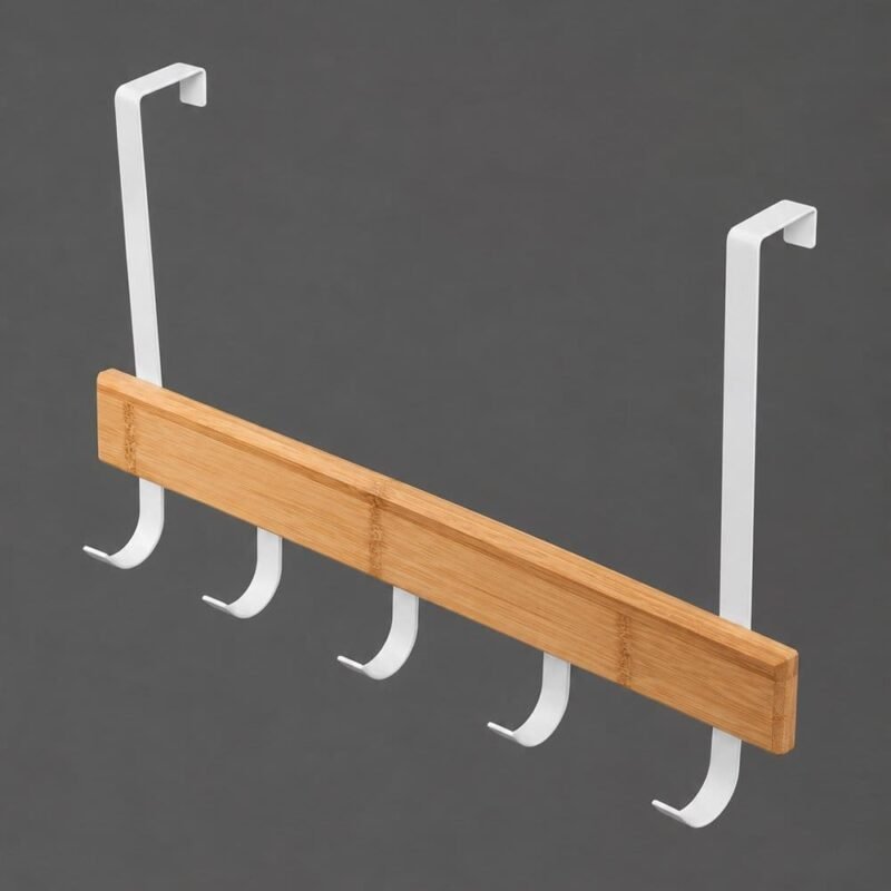 Perchero para puerta con 5 ganchos con base de bambu y soportes de metal blanco 40x4x30cm