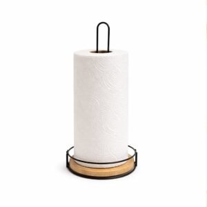 Porta rollo de cocina de hierro negro con base de bamboo 16,5x31cm