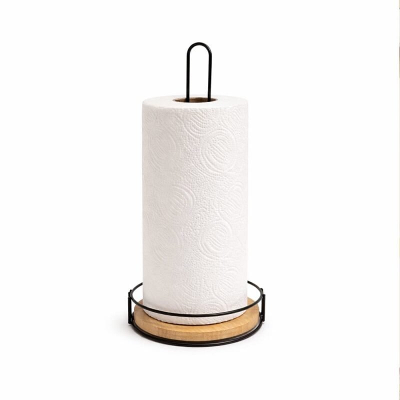 Porta rollo de cocina de hierro negro con base de bamboo 16,5x31cm
