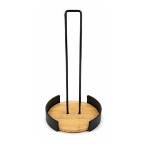 Porta rollo de cocina de hierro negro con base redonda de bamboo 15x30cm