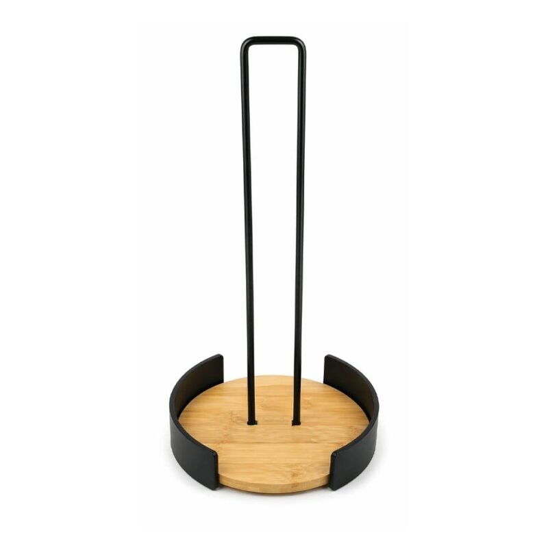 Porta rollo de cocina de hierro negro con base redonda de bamboo 15x30cm