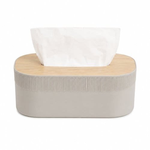 Porta pañuelos rectangular rayado de polipropileno gris tapa de madera