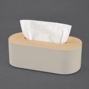 7790918016462 Porta pañuelos rectangular rayado de polipropileno natural tapa de madera