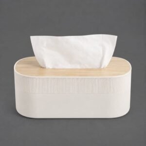 7790918016431 Porta pañuelos rectangular rayado de polipropileno blanco tapa de madera