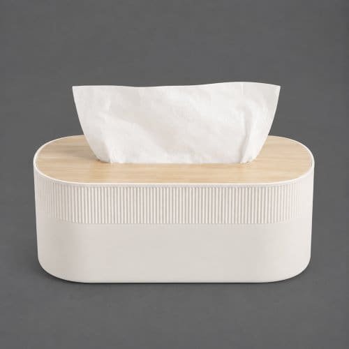 Porta pañuelos rectangular rayado de polipropileno blanco tapa de madera