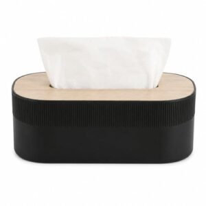 7790918016455 Porta pañuelos rectangular rayado de polipropileno negro tapa de madera