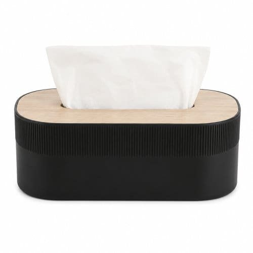 Porta pañuelos rectangular rayado de polipropileno negro tapa de madera