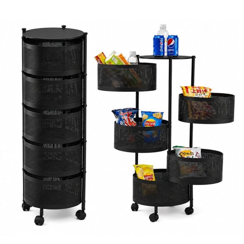 Mueble de 5 canastos de metal negro con tapa y ruedas 30x90cm