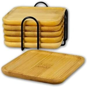 7790918015847 Set x6 posavasos cuadrados de bamboo con soporte de hierro negro 10x10x,08cm