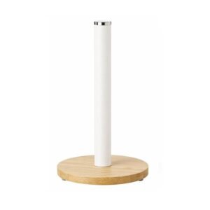 Portarrollos de cocina de hierro blanco con base de bambú 15×15×34cm