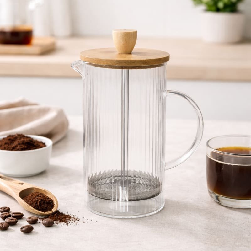 Cafetera De Embolo, 600 Ml, Con Tapa De Bambu