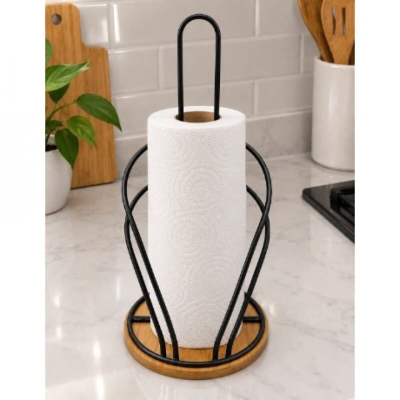 32X16CM PORTARROLLO PAPEL COCINA NEGRO C/BASE MADERA