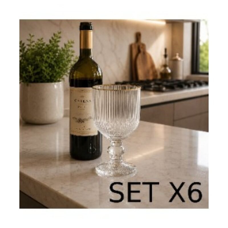 SETX6 COPA VIDRIO RAYADO BORDE 250ML DORADO